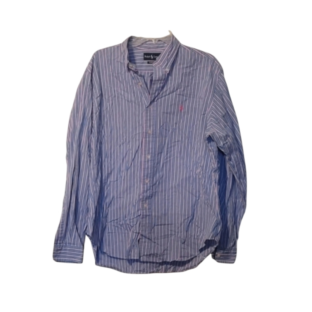 Vintage Ralph Lauren 100% Cotton Long Sleeve Striped Blue Pink Shirt Size XL